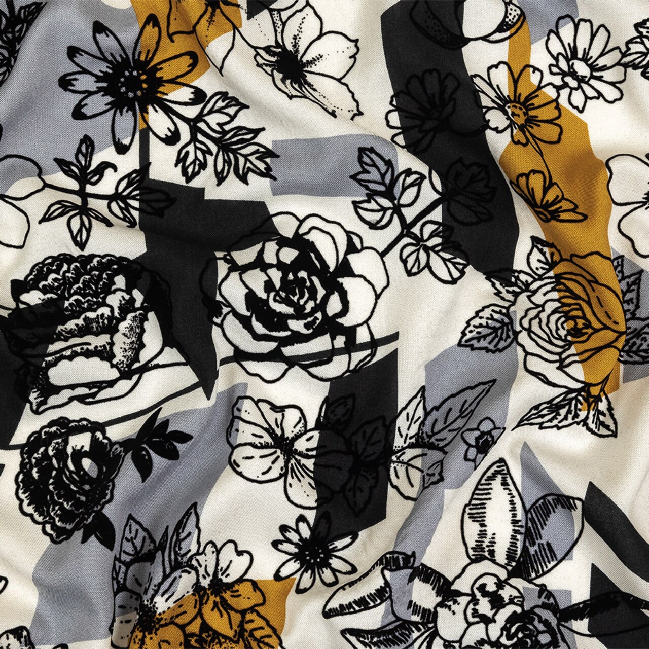 1 Yard Black Gray and Harvest Gold Flocked Flowers Geometric Viscose Woven Fabric 57 inch Width